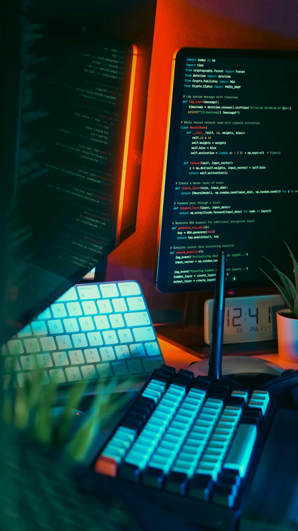 Developer workspace with code visible on multiple monitors, illuminated keyboard, and warm ambient lighting